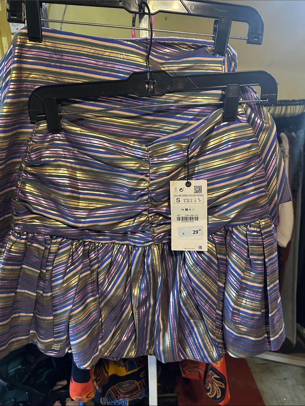 Zara Striped Metallic Ruffle Mini Skirt with one shoulder top S